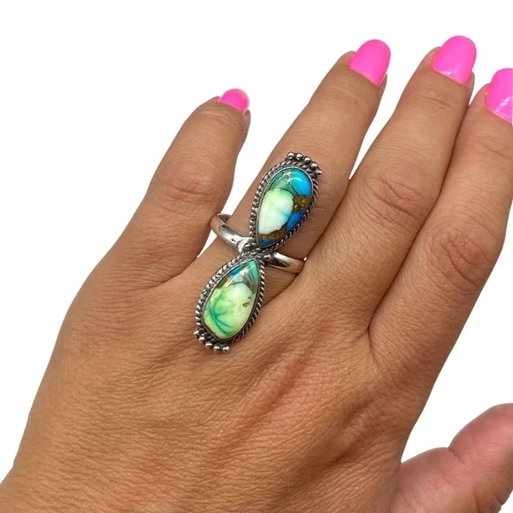 Peacock Dahlia Kingman Turquoise Ring Size 10.5 Solid 925 Sterling Silver Green - Picture 3 of 9